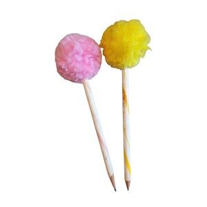 2 Vintage Pom Pom Pencils Striped Pink And Yellow Used